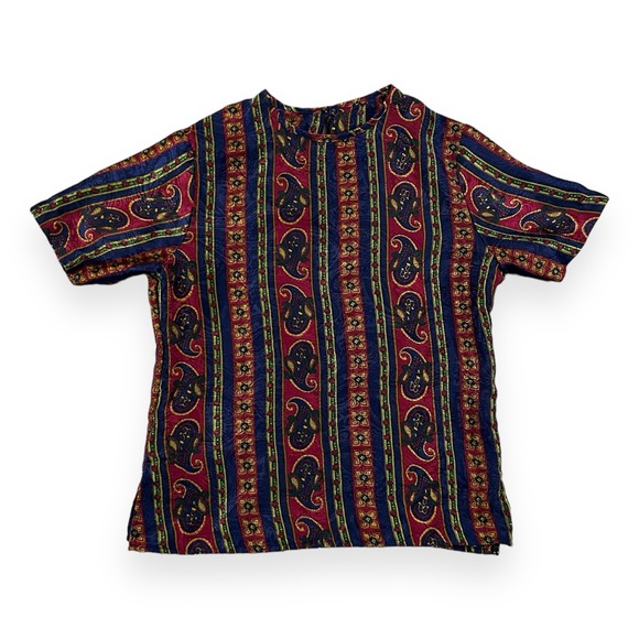 American Vintage Tops - Vintage 1980s Boho Satin Paisley Short Sleeve Keyhole Blouse Top